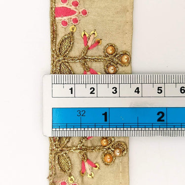 Beige Art Silk Trim In Pink And Gold Embroidery, Approx. 35mm wide, Decorative Trim